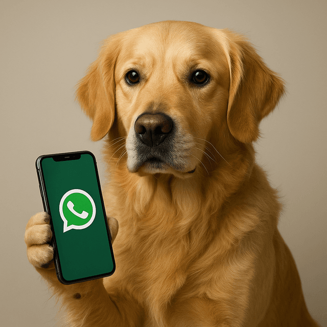 Dog holding WhatsApp phone